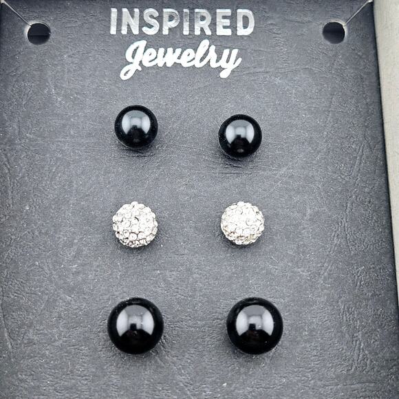 3 Pair Post Earrings Black And Silver Crystal Sparkle Simple Everyday Studs - Picture 2 of 4